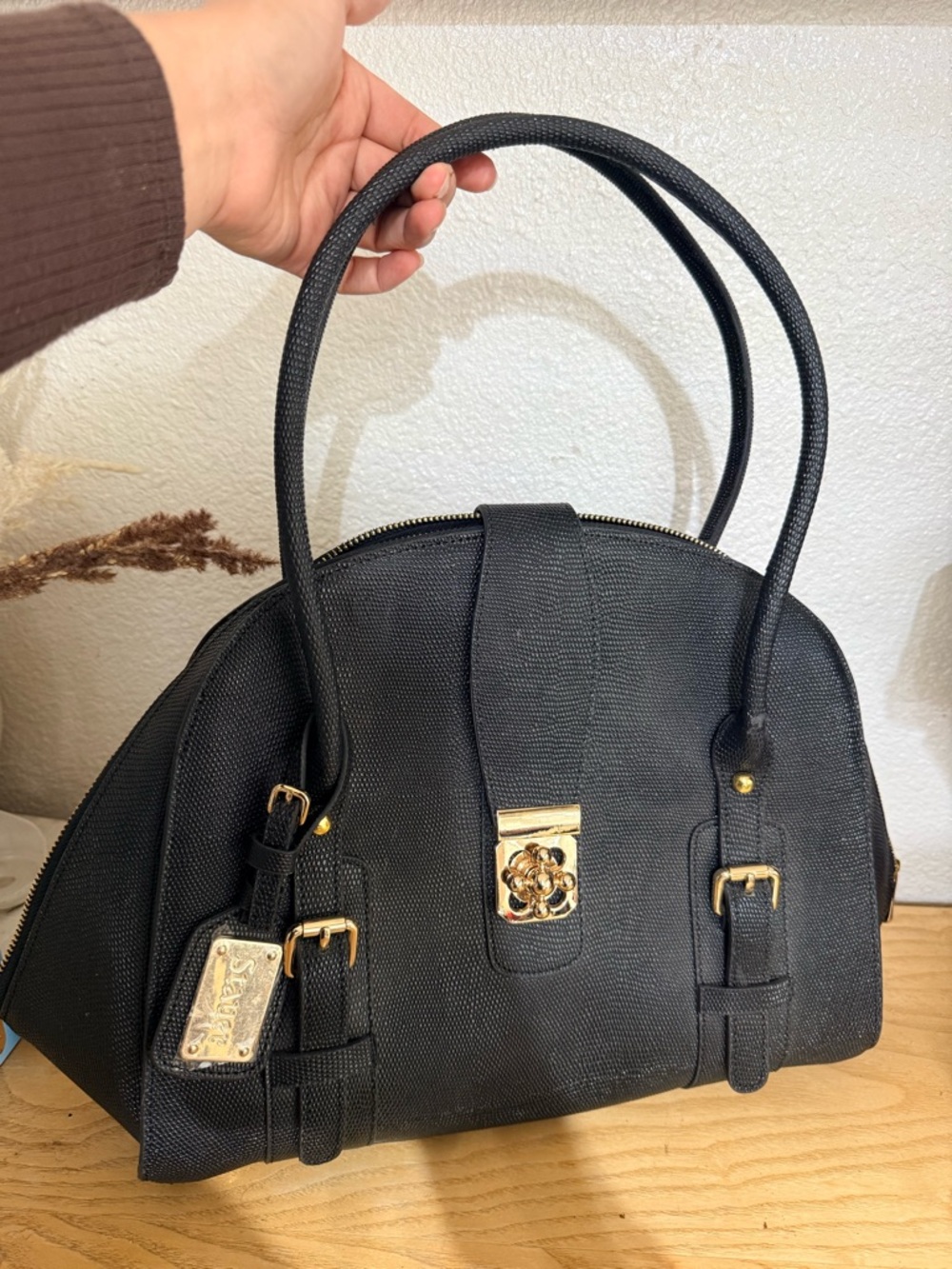 Black Dome Satchel with Gold Accents - Designer Inspired